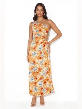 Hello Molly One-Shoulder Cutout Maxi Dress in Orange Floral